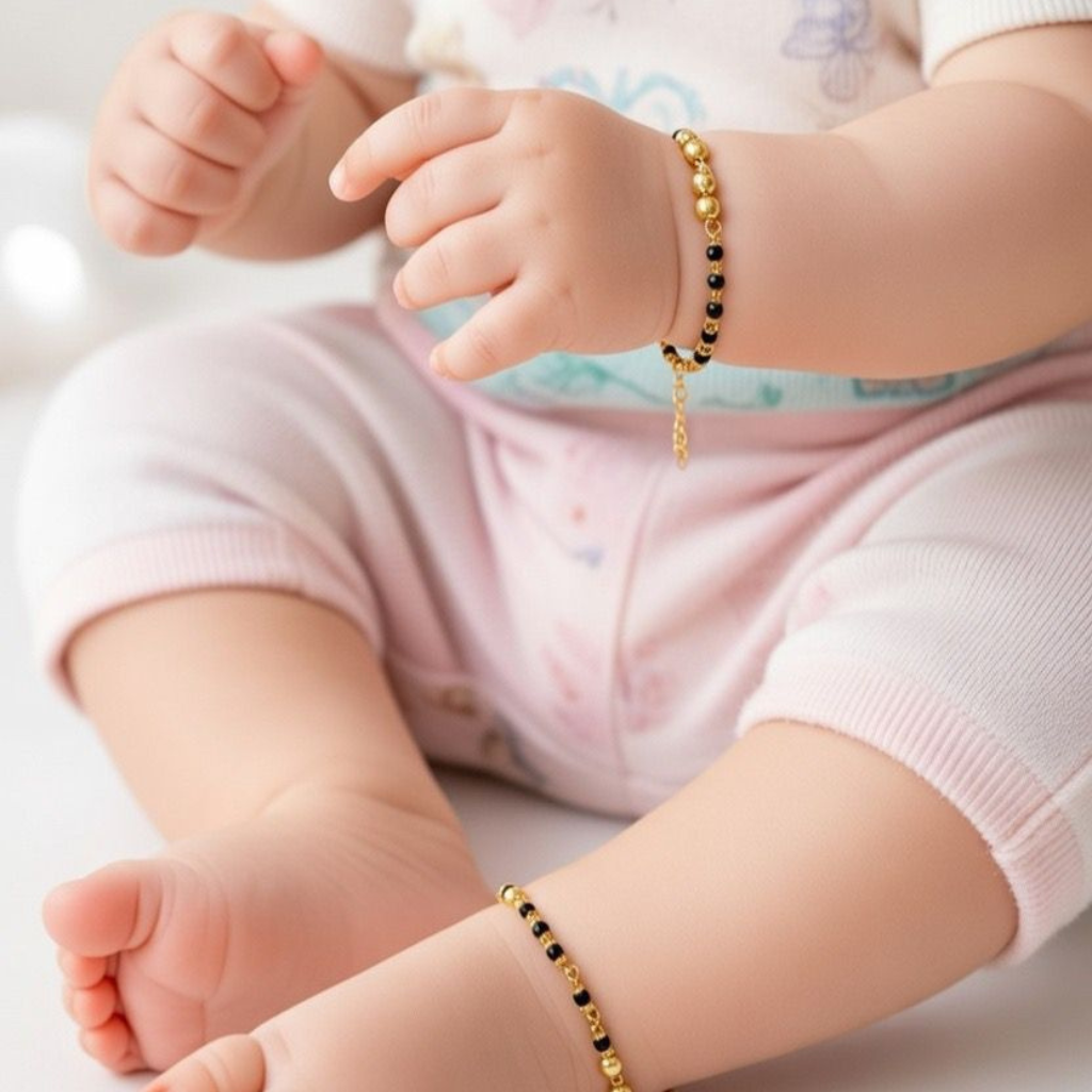 Gold Plated Three Ball Black Bead Kids Nazar Bracelet