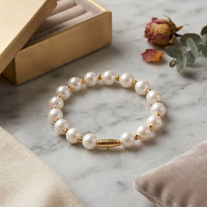 12mm White Pearl Beaded Bracelet with Gold Screw Lock Clasp — Boho Jewellery UK | The Colourful Aura