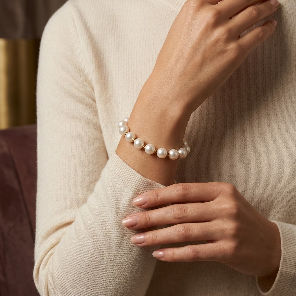 12mm White Pearl Beaded Bracelet with Gold Screw Lock Clasp (Close-up Detail) | The Colourful Aura