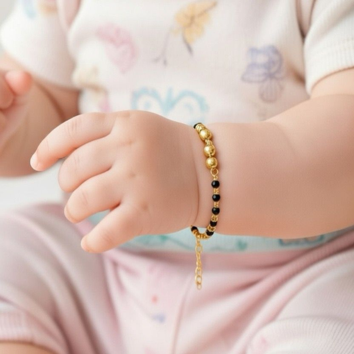 Gold Plated Three Ball Black Bead Kids Nazar Bracelet
