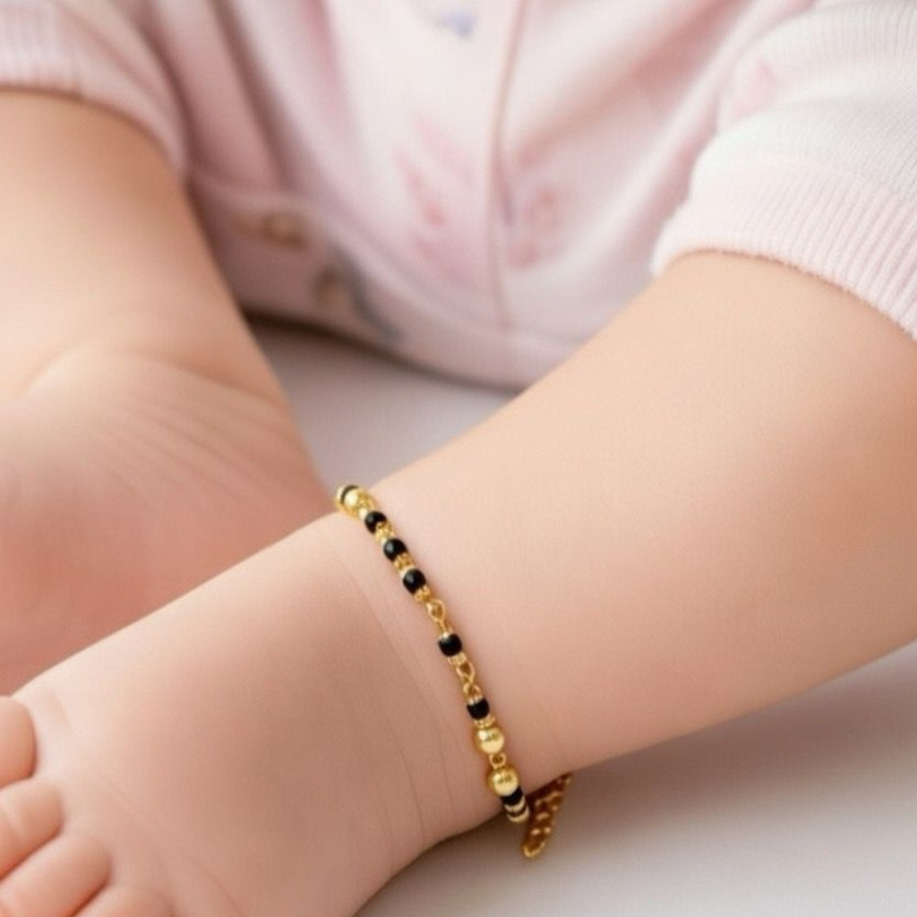 Gold Plated Three Ball Black Bead Kids Nazar Bracelet