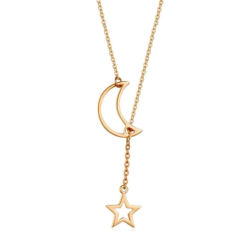 Long Slim Moon Star Drop Y Shape Moon Interlock Lariat Necklace