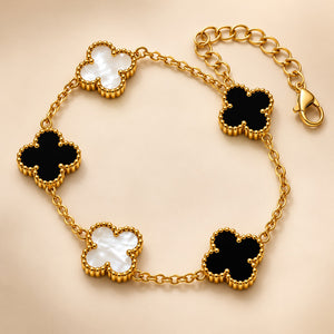 18ct Gold Plated Black and White Clover Charm Chain Bracelet 8 Inch — Boho Jewellery UK | The Colourful Aura