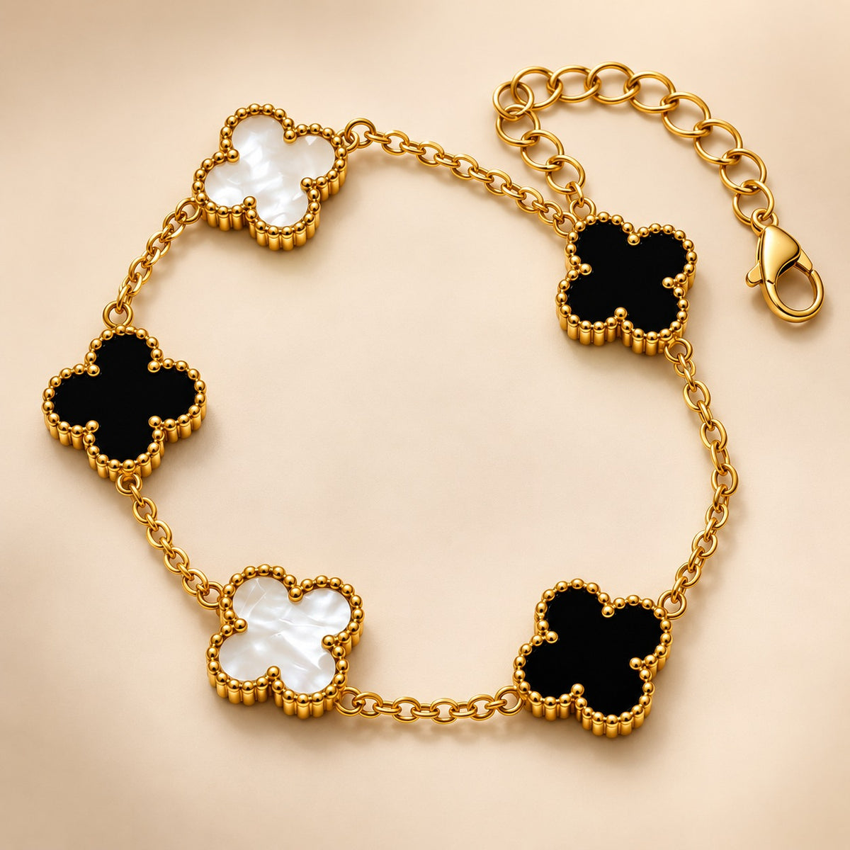 18ct Gold Plated Black and White Clover Charm Chain Bracelet 8 Inch — Boho Jewellery UK | The Colourful Aura