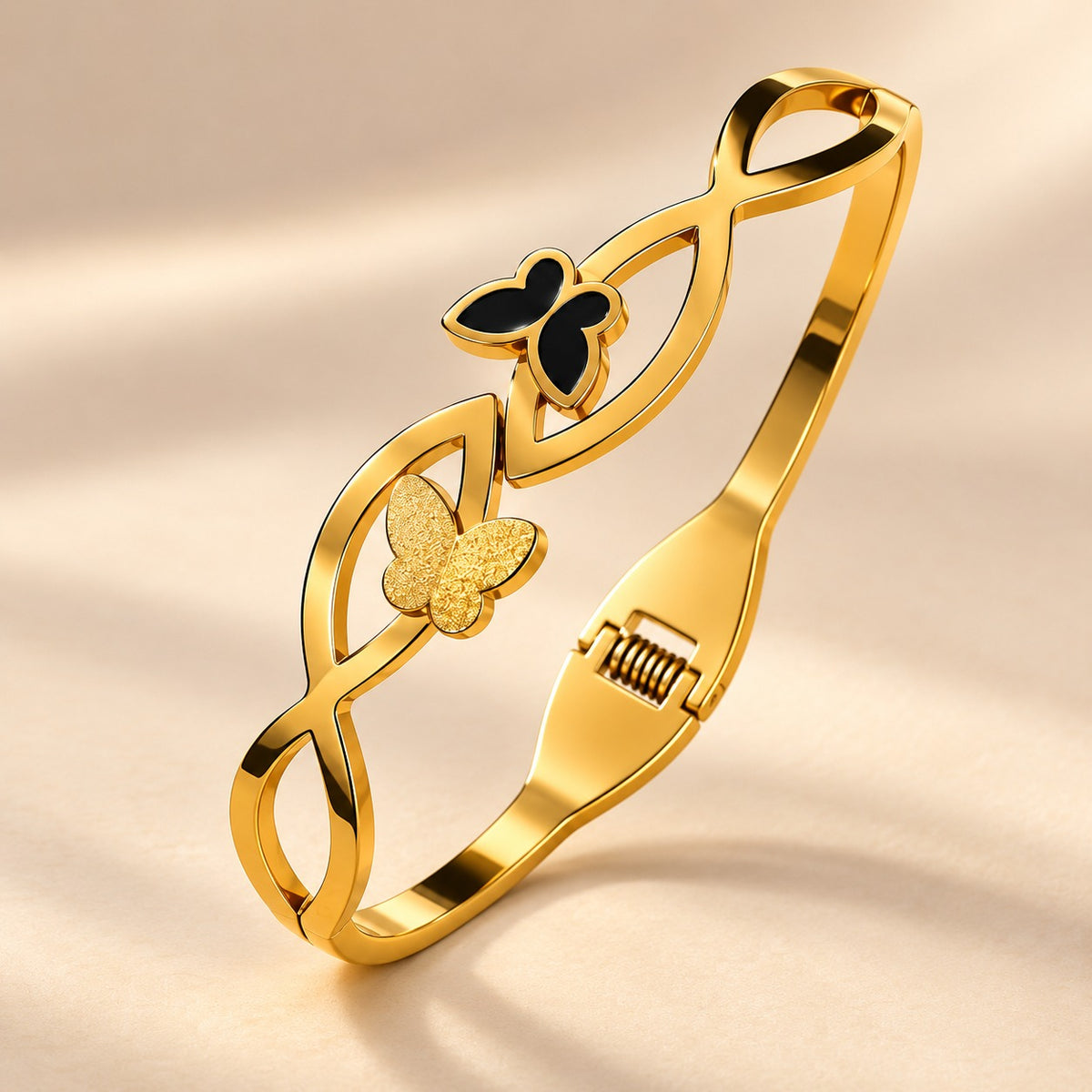 18ct Gold Plated Black Butterfly Infinity Cut Out Spring Hinged Bangle Bracelet — Boho Jewellery UK | The Colourful Aura