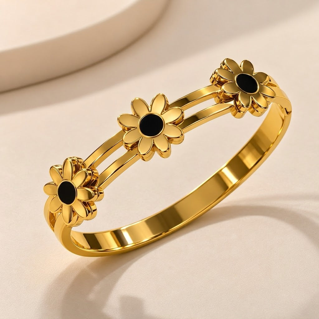 18ct Gold Plated Black Daisy Flower Hinged Bangle Floral Bracelet — Boho Jewellery UK | The Colourful Aura