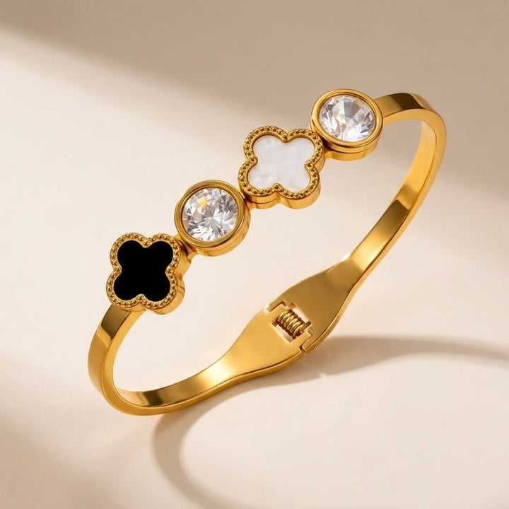 18ct Gold Plated Black White Clover Clear Crystal Hinged Bangle Floral Bracelet — Boho Jewellery UK | The Colourful Aura