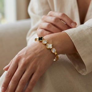 18ct Gold Plated Black White Clover Clear Crystal Hinged Bangle Floral Bracelet (Close-up Detail) | The Colourful Aura