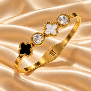 18ct Gold Plated Black White Clover Clear Crystal Hinged Bangle Floral Bracelet (Close-up Detail) | The Colourful Aura