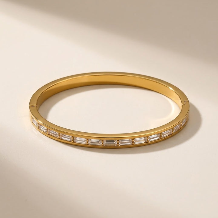 18ct Gold Plated Clear Baguette Crystal Hinged Bangle Bracelet — Boho Jewellery UK | The Colourful Aura