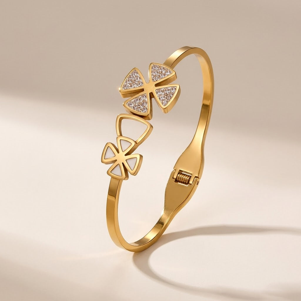 18ct Gold Plated Clear Crystal White Double Flower Floral Open Cuff Bracelet — Boho Jewellery UK | The Colourful Aura