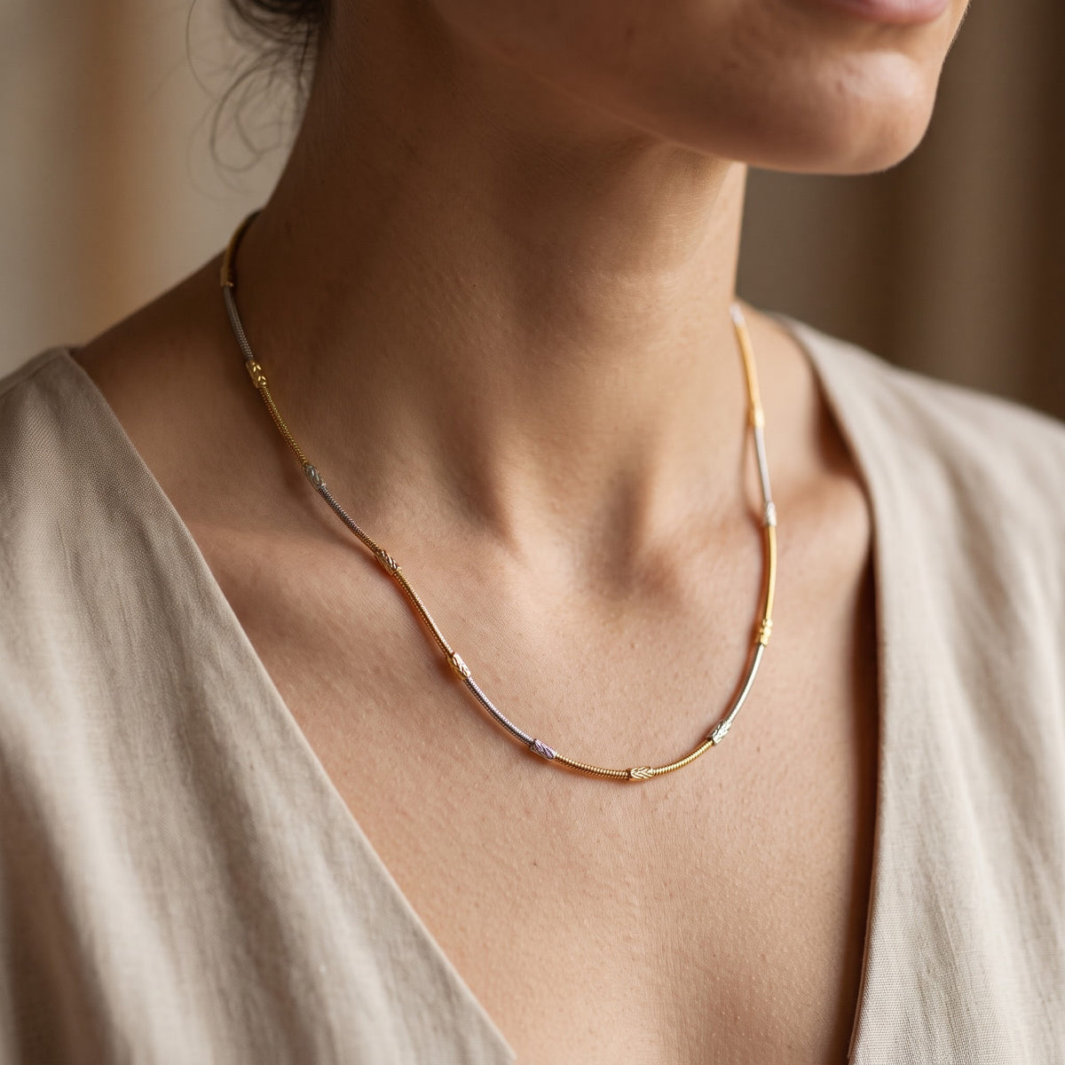 18ct Gold Plated Dual Tone Textured Bead Snake Chain Necklace 17 Inch (Close-up Detail) | The Colourful Aura