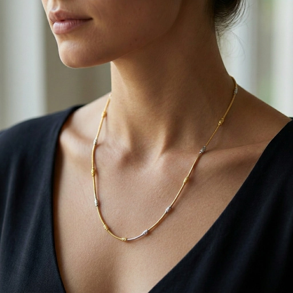 18ct Gold Plated Dual Tone Textured Bead Snake Chain Necklace 17 Inch (Close-up Detail) | The Colourful Aura