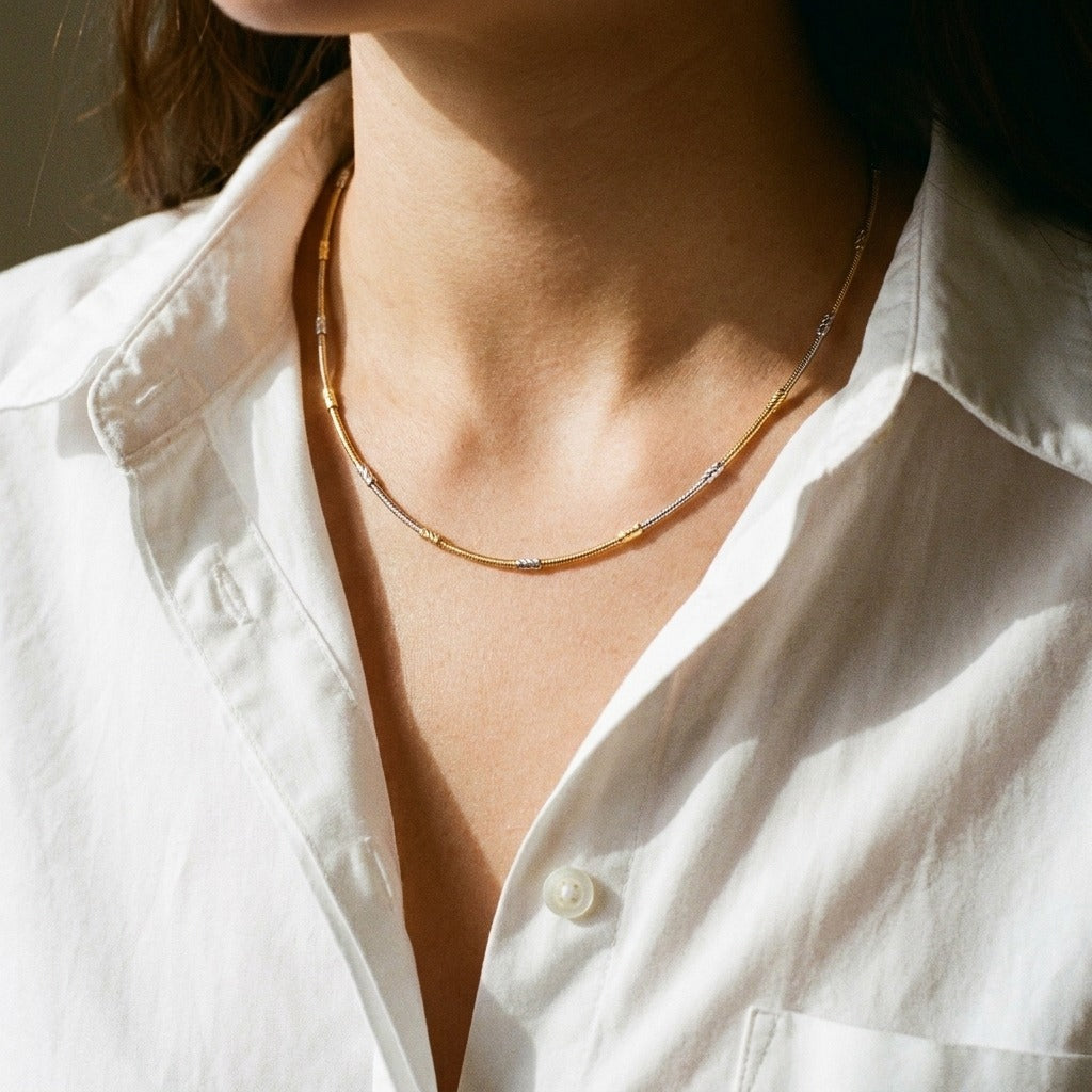 18ct Gold Plated Dual Tone Textured Bead Snake Chain Necklace 17 Inch (Close-up Detail) | The Colourful Aura