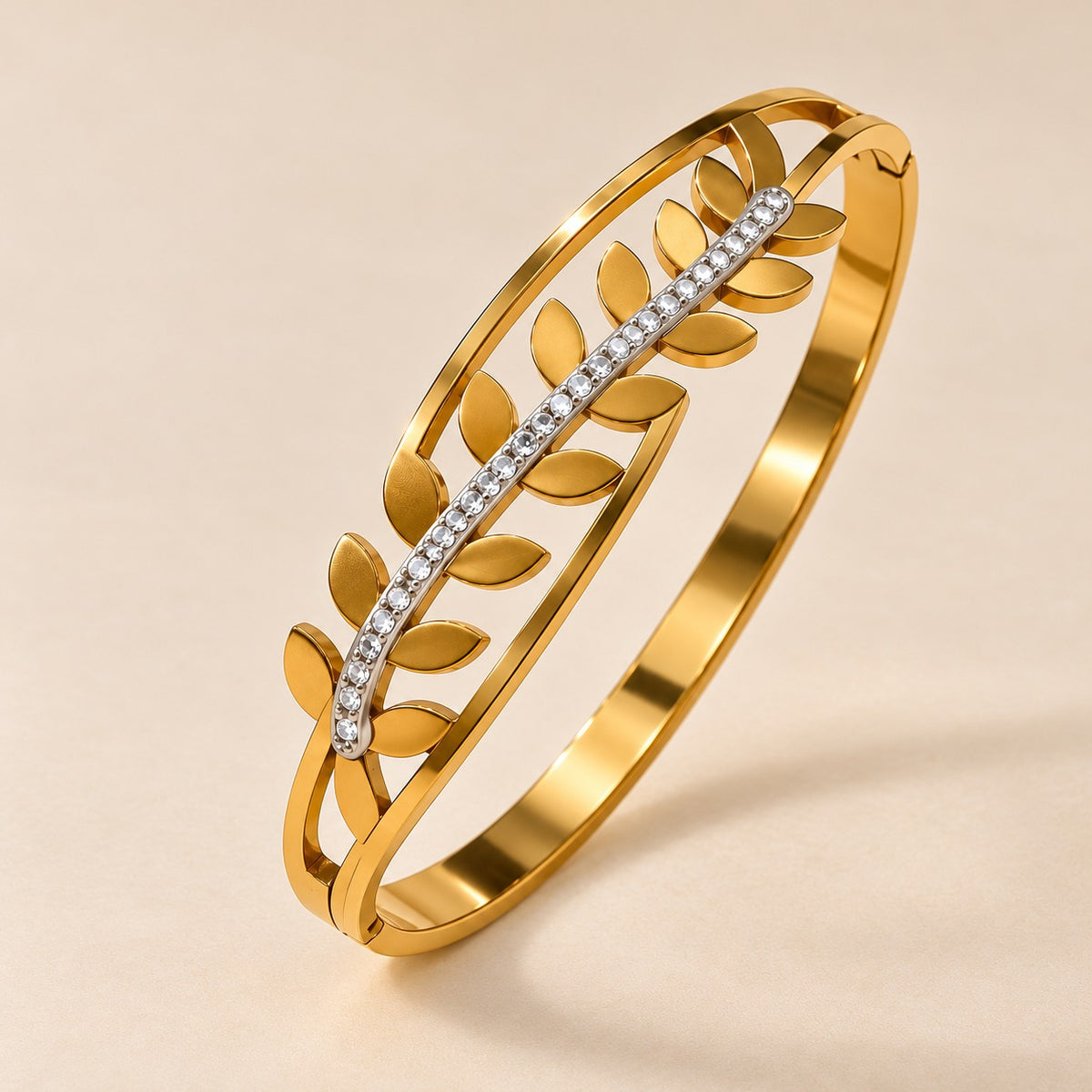 18ct Gold Plated Leaf Branch Crystal Row Cut Out Hinged Bangle Bracelet — Boho Jewellery UK | The Colourful Aura