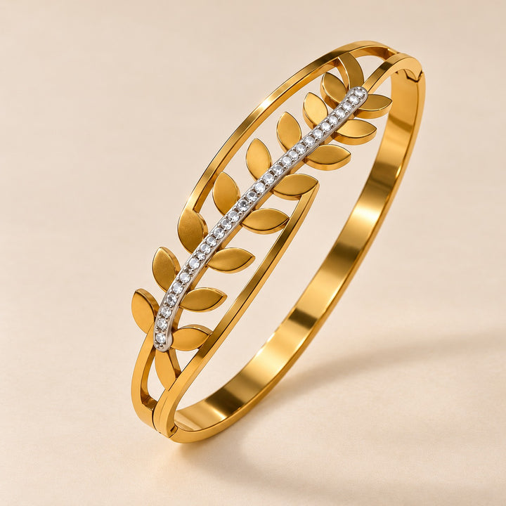 18ct Gold Plated Leaf Branch Crystal Row Cut Out Hinged Bangle Bracelet — Boho Jewellery UK | The Colourful Aura