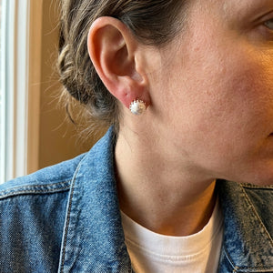 18ct Gold Plated White Pearl Statement Stud Earrings (Close-up Detail) | The Colourful Aura