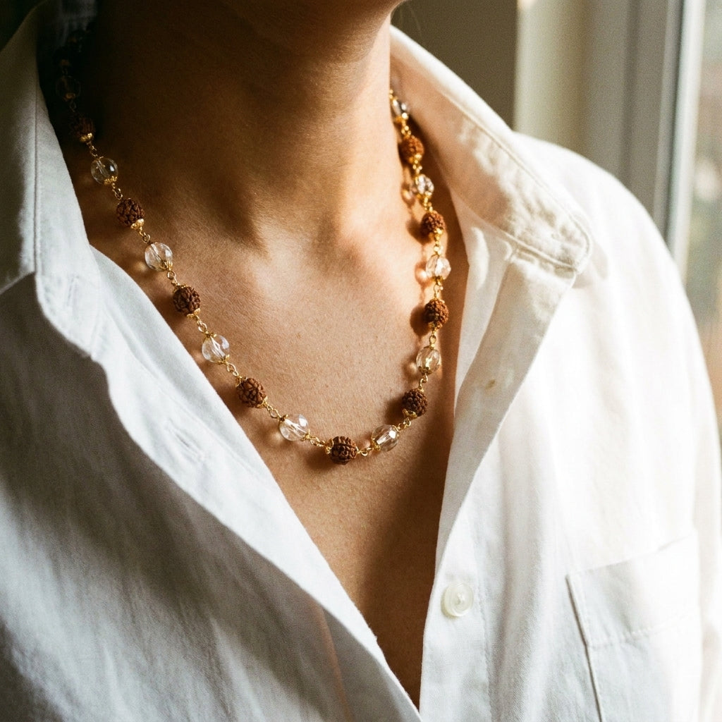 18ct Gold Plated Rudraksha & Crystal Beaded Spiritual Necklace (Close-up Detail) | The Colourful Aura
