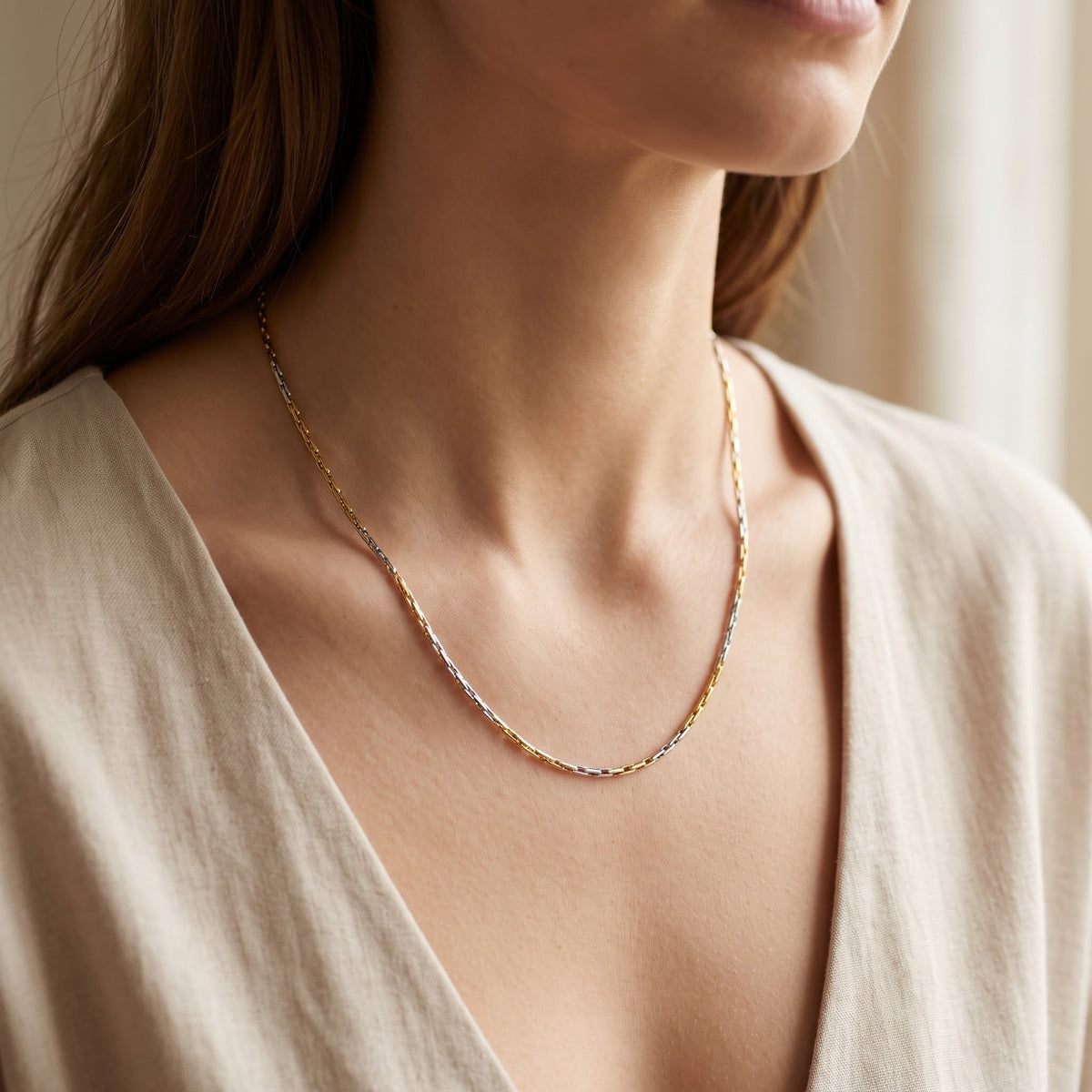 18ct Gold Plated Two Tone Rectangular Link Chain Necklace 17 Inch (Close-up Detail) | The Colourful Aura