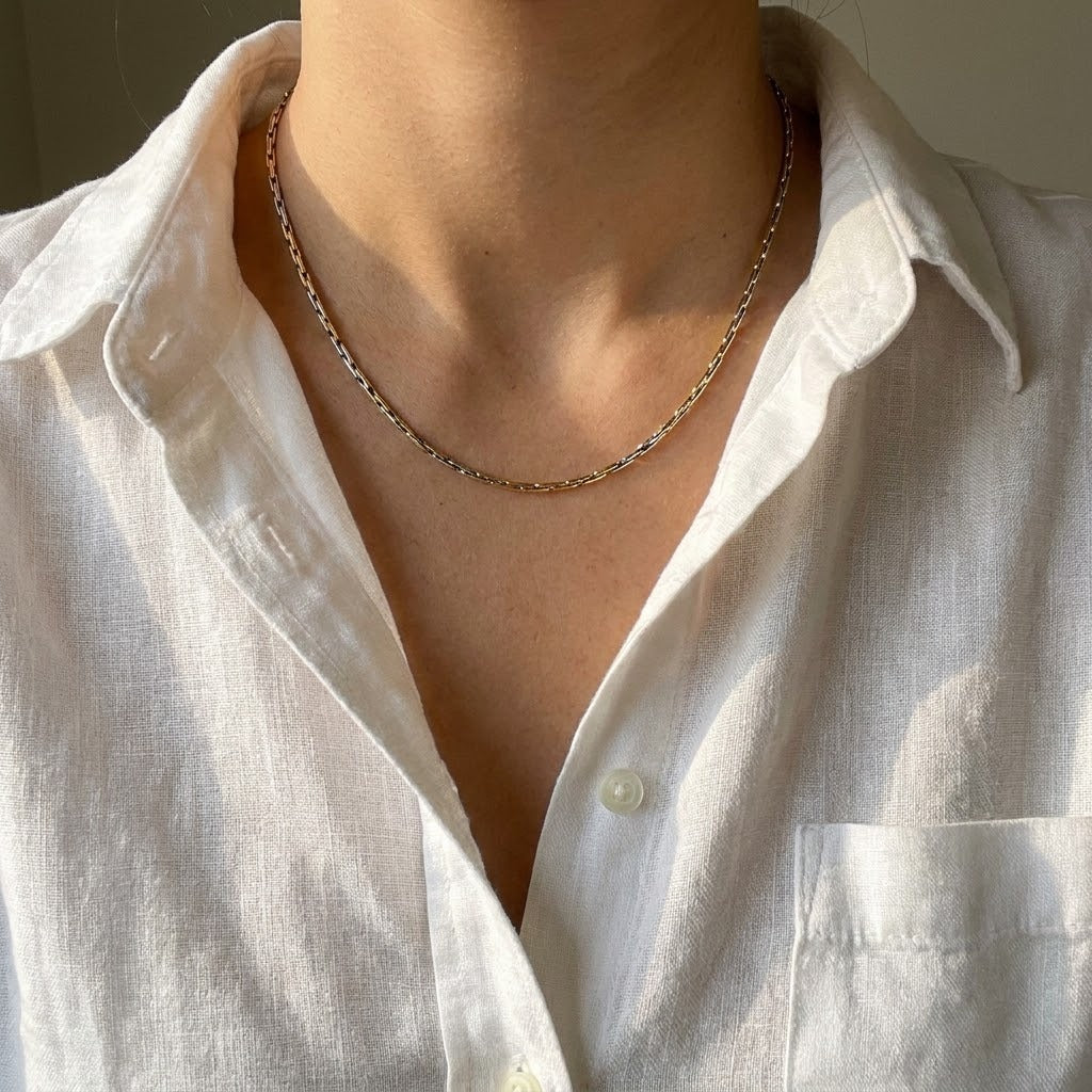 18ct Gold Plated Two Tone Rectangular Link Chain Necklace 17 Inch (Close-up Detail) | The Colourful Aura