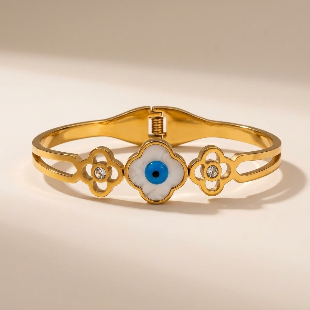 18ct Gold Plated White Clover Blue Evil Eye Clear Crystal Hinged Bangle Bracelet — Boho Jewellery UK | The Colourful Aura