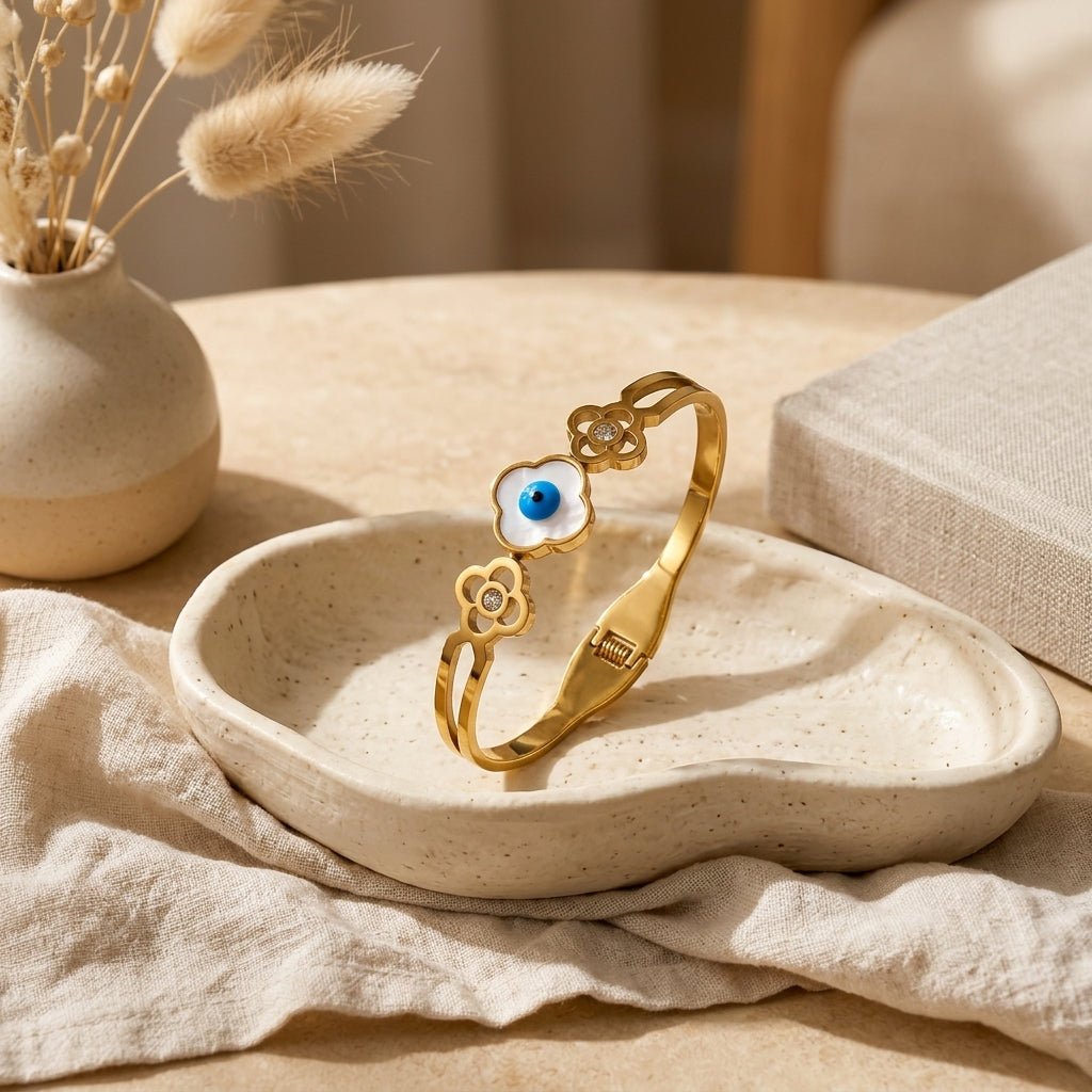 18ct Gold Plated White Clover Blue Evil Eye Clear Crystal Hinged Bangle Bracelet (Close-up Detail) | The Colourful Aura