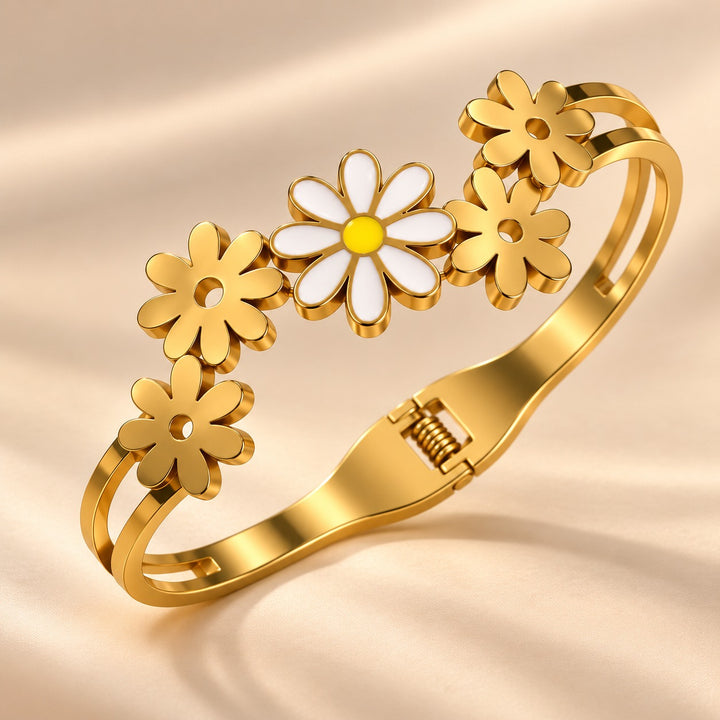 18ct Gold Plated White Daisy Five Flower Spring Hinged Bangle Floral Bracelet — Boho Jewellery UK | The Colourful Aura