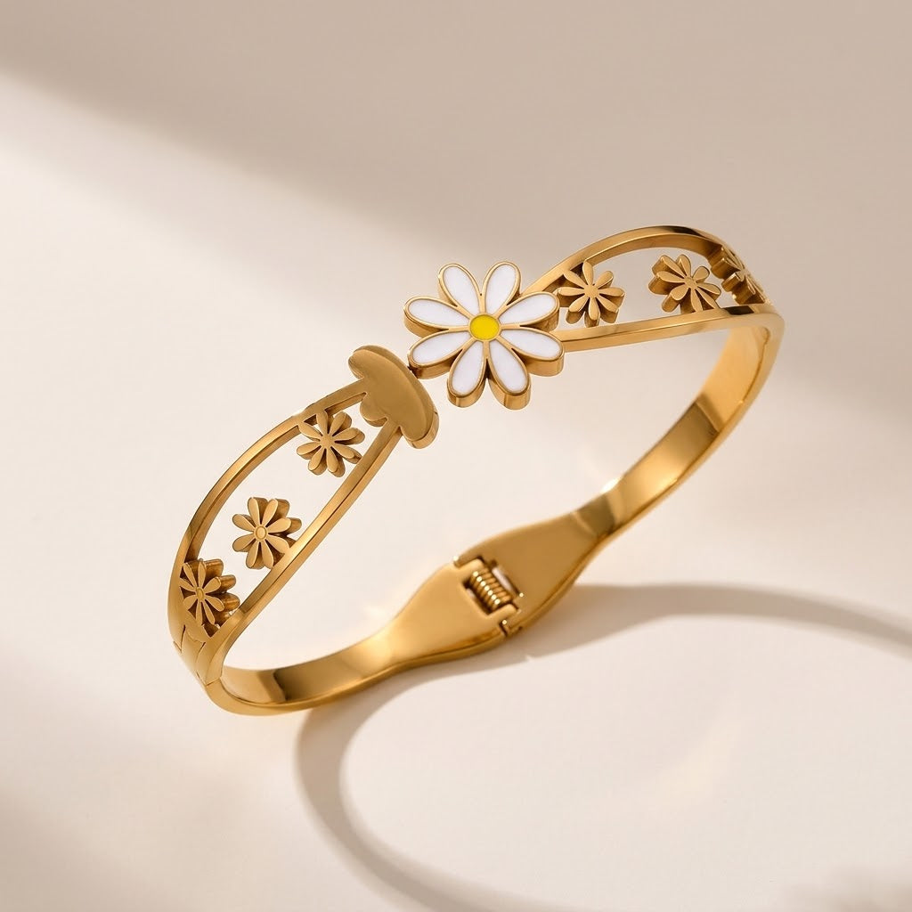18ct Gold Plated White Daisy Flower Cut Out Open Cuff Floral Bracelet — Boho Jewellery UK | The Colourful Aura