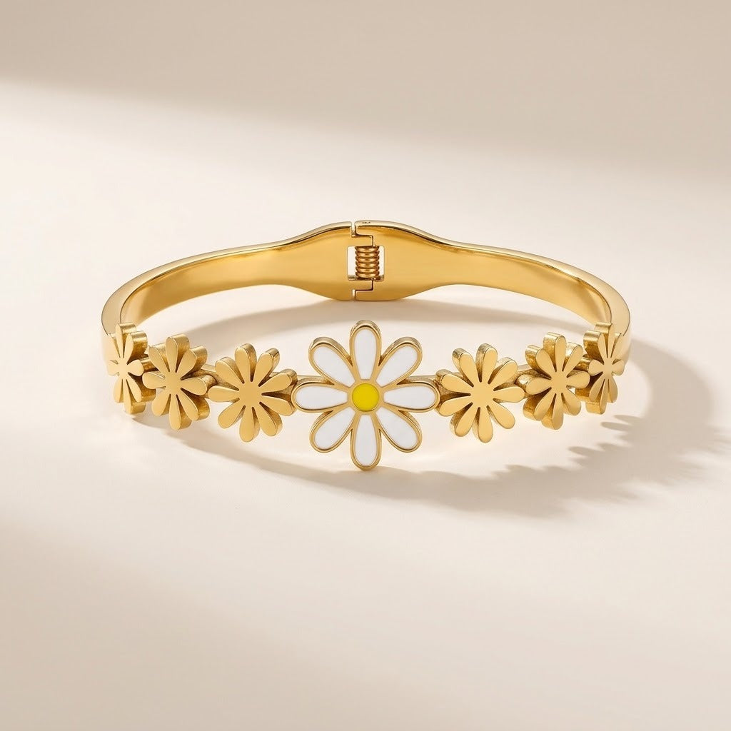 18ct Gold Plated White Daisy Seven Flower Spring Hinged Bangle Floral Bracelet — Boho Jewellery UK | The Colourful Aura
