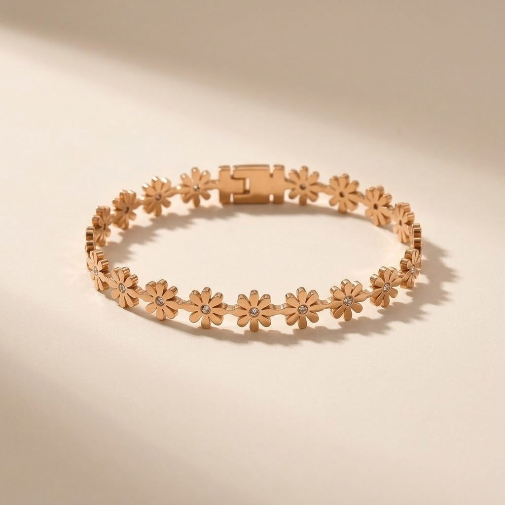 18ct Rose Gold Plated Clear Crystal Daisy Flower Link Floral Bracelet — Boho Jewellery UK | The Colourful Aura