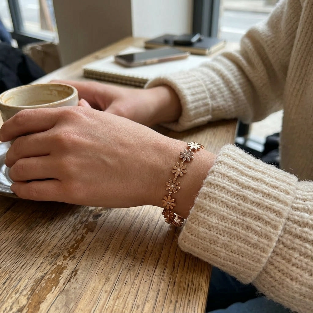 18ct Rose Gold Plated Clear Crystal Daisy Flower Link Floral Bracelet (Close-up Detail) | The Colourful Aura