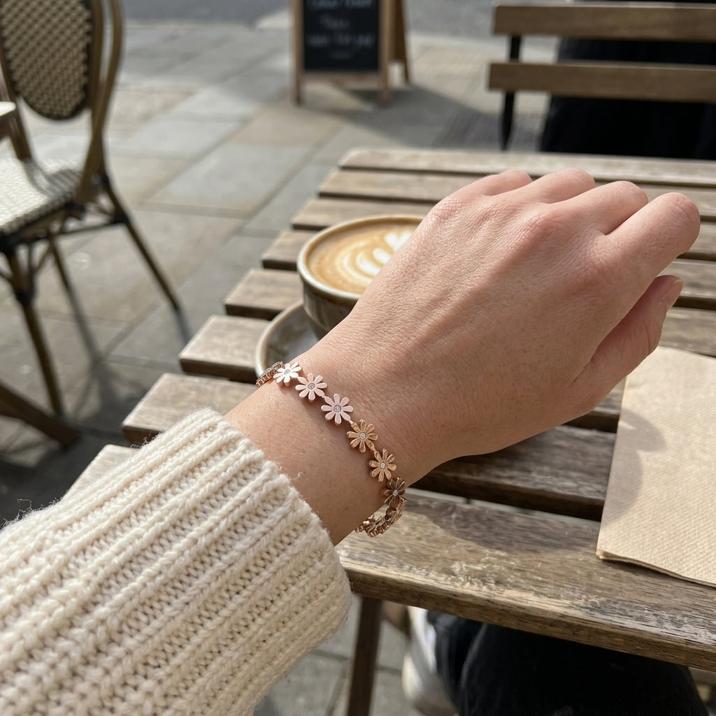 18ct Rose Gold Plated Clear Crystal Daisy Flower Link Floral Bracelet (Close-up Detail) | The Colourful Aura