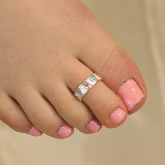 Adjustable Silver Colourful Hearts Band Boho Midi Band Dainty Toe Ring