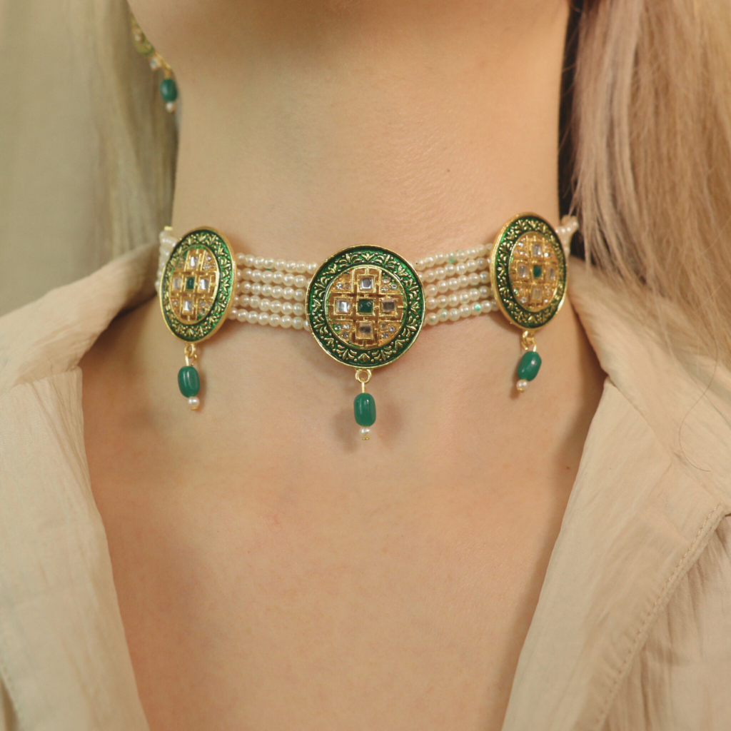 Ethnic White Pearl Stone Victorian Bridal Diana Choker Set