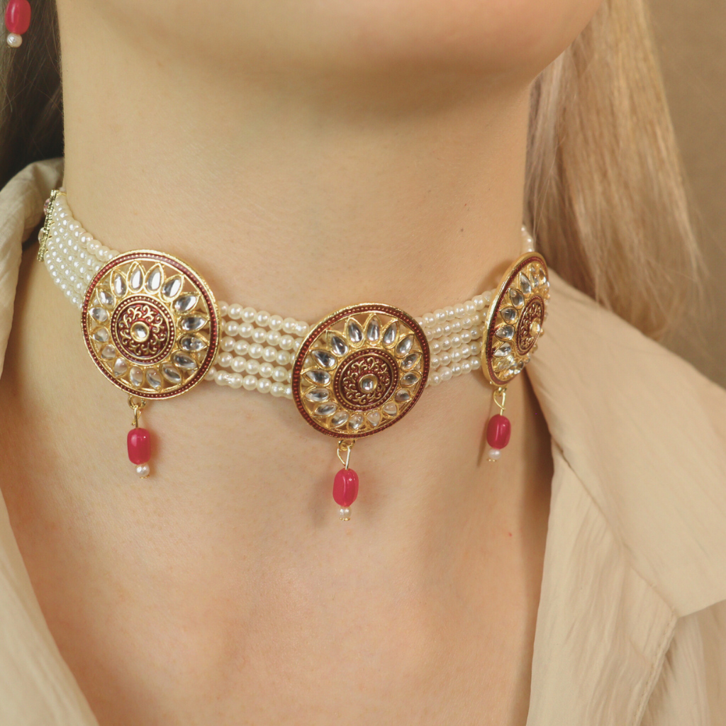 Red Round Kundan Ethnic Pearl Bridal Victorian Choker Set
