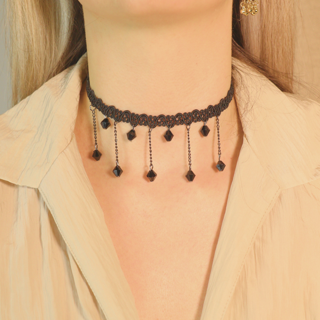 Black Beaded Lace Victorian Gothic Emo Halloween Dangle Choker Necklace — Boho Jewellery UK | The Colourful Aura