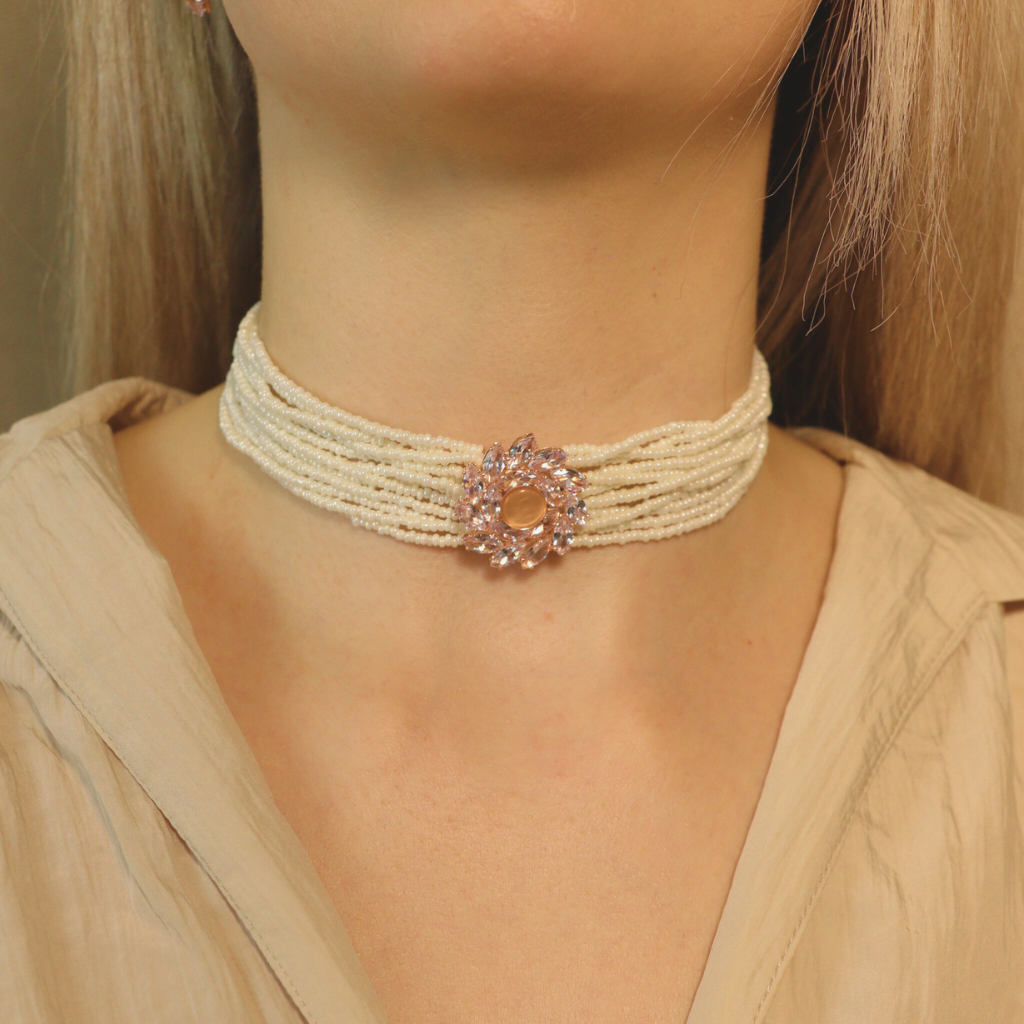 Multi Strand White Pearl Rose Gold Zircon Stone Victorian Choker set