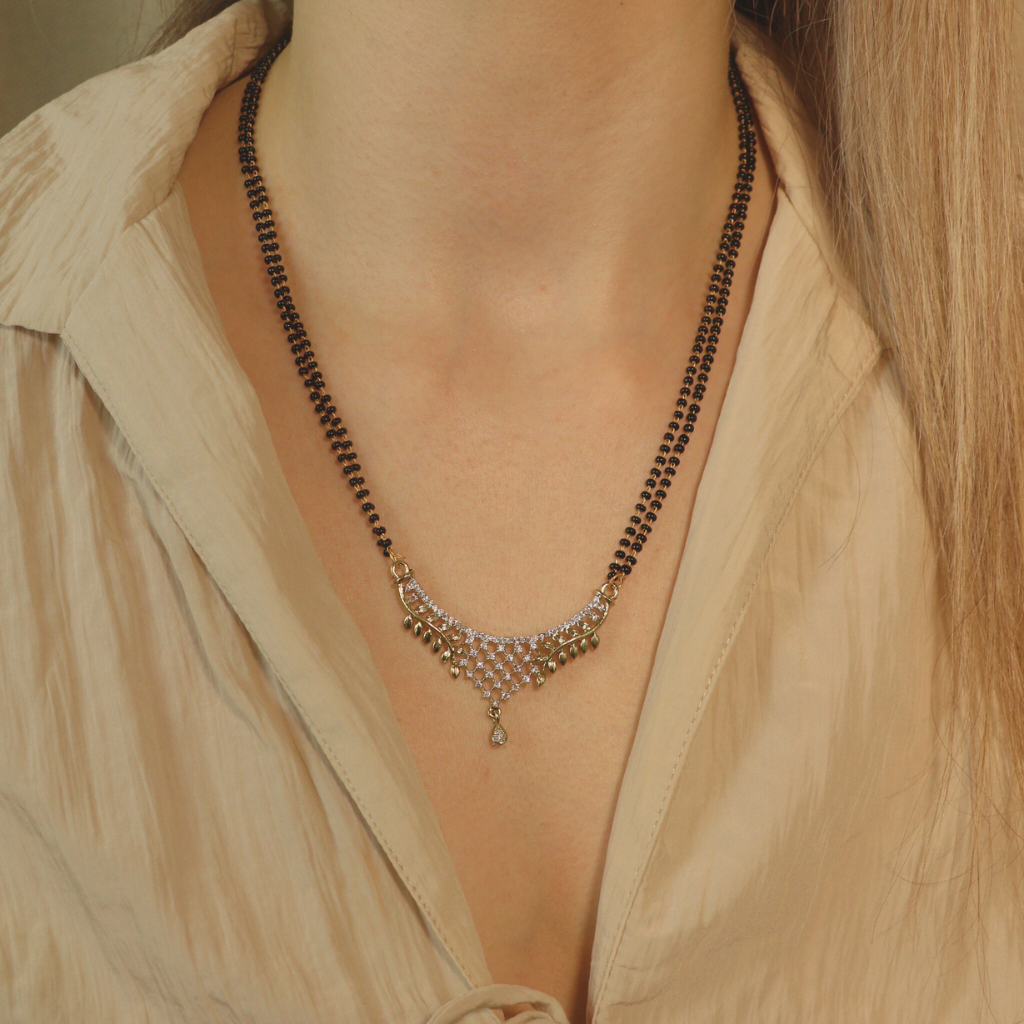 Indian Nazaria Silver Zircon Mangalsutra Black Beads Earring and Pendant Necklace