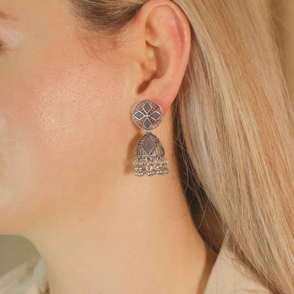 Geometric Indian Oxidised Boho Drop Dome Ethnic Jhumki Earrings