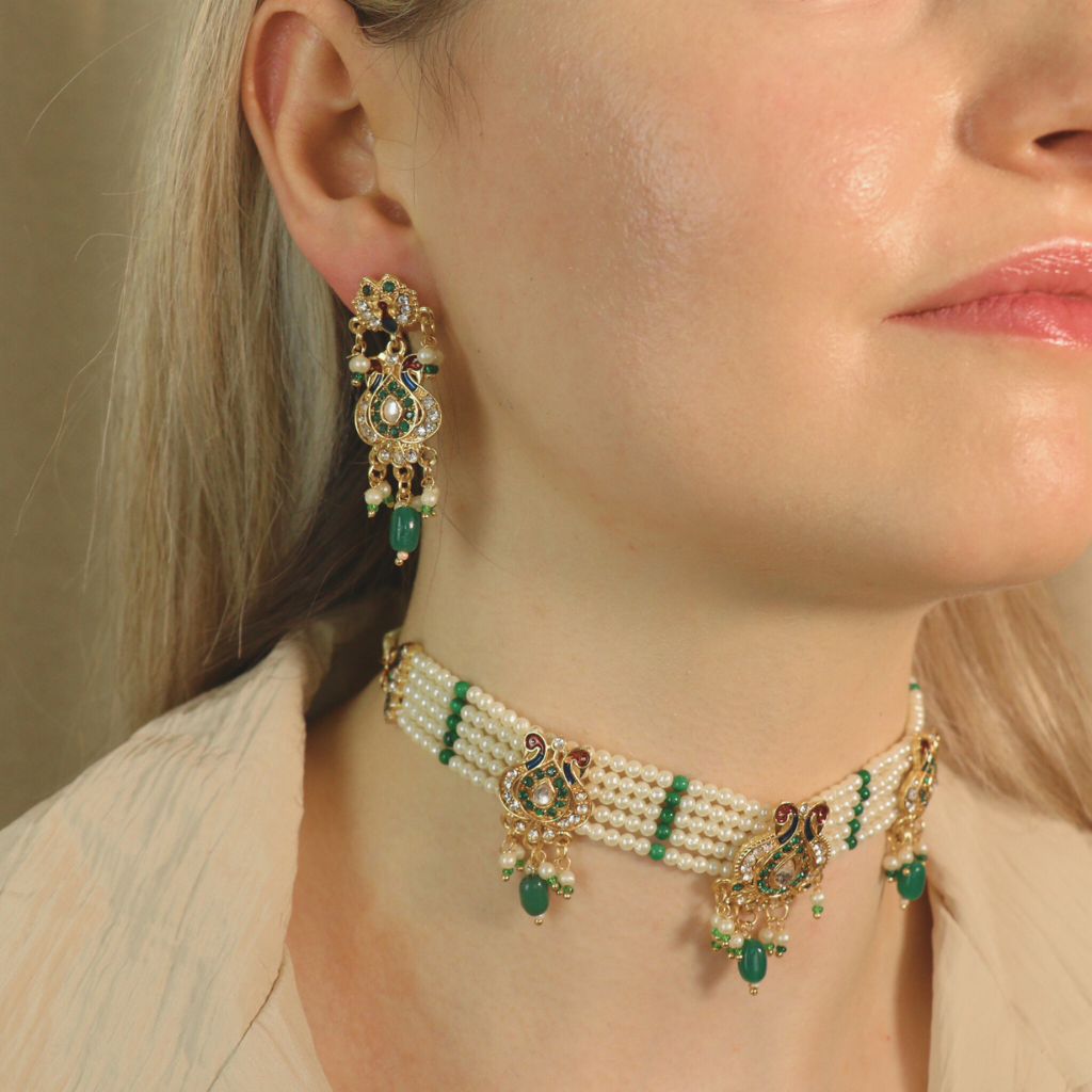 Traditional Ethnic Multi Strand White Pearl Dangle Diana Choker