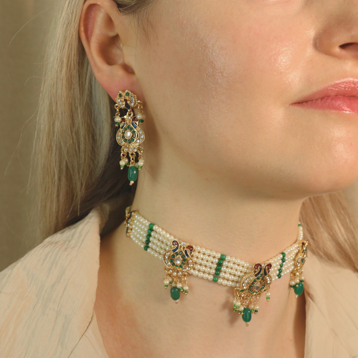 Traditional Ethnic Multi Strand White Pearl Dangle Diana Choker