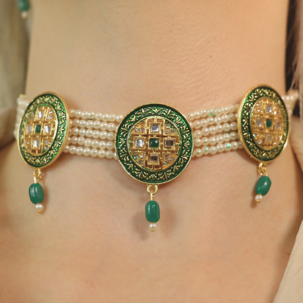 Ethnic White Pearl Stone Victorian Bridal Diana Choker Set