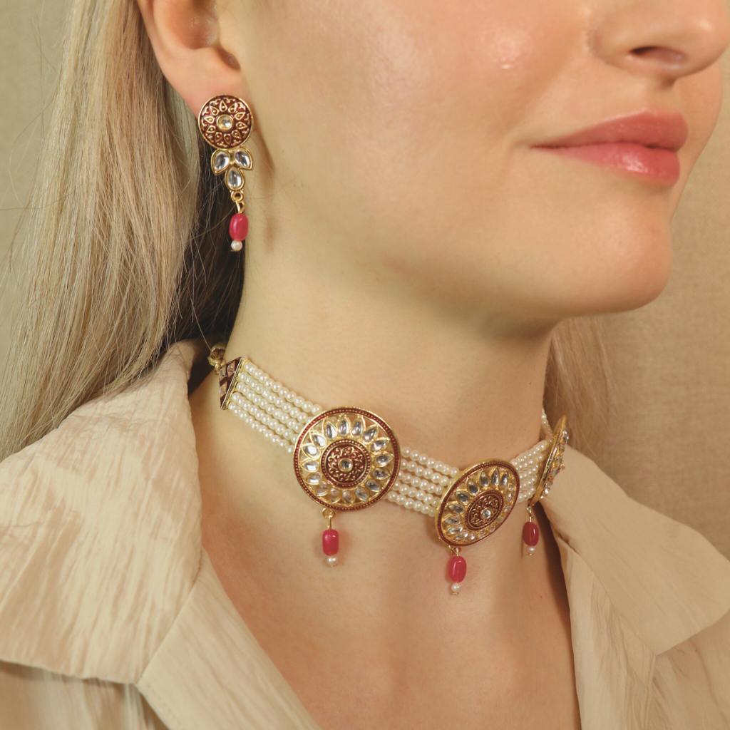 Red Round Kundan Ethnic Pearl Bridal Victorian Choker Set