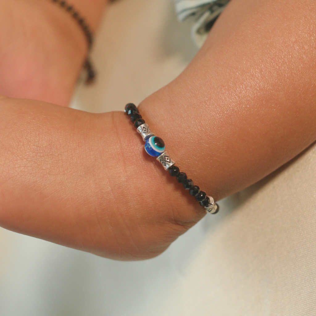 Silver Evil Eye Black Beaded Kids Indian Nazaria Bracelet