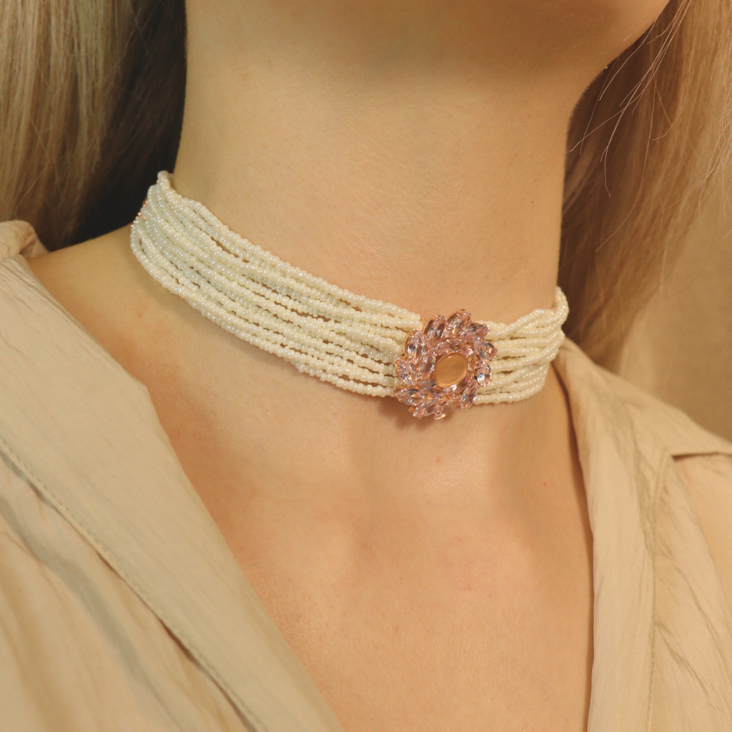 Multi Strand White Pearl Rose Gold Zircon Stone Victorian Choker set