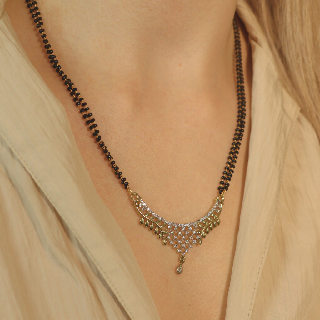 Indian Nazaria Silver Zircon Mangalsutra Black Beads Earring and Pendant Necklace