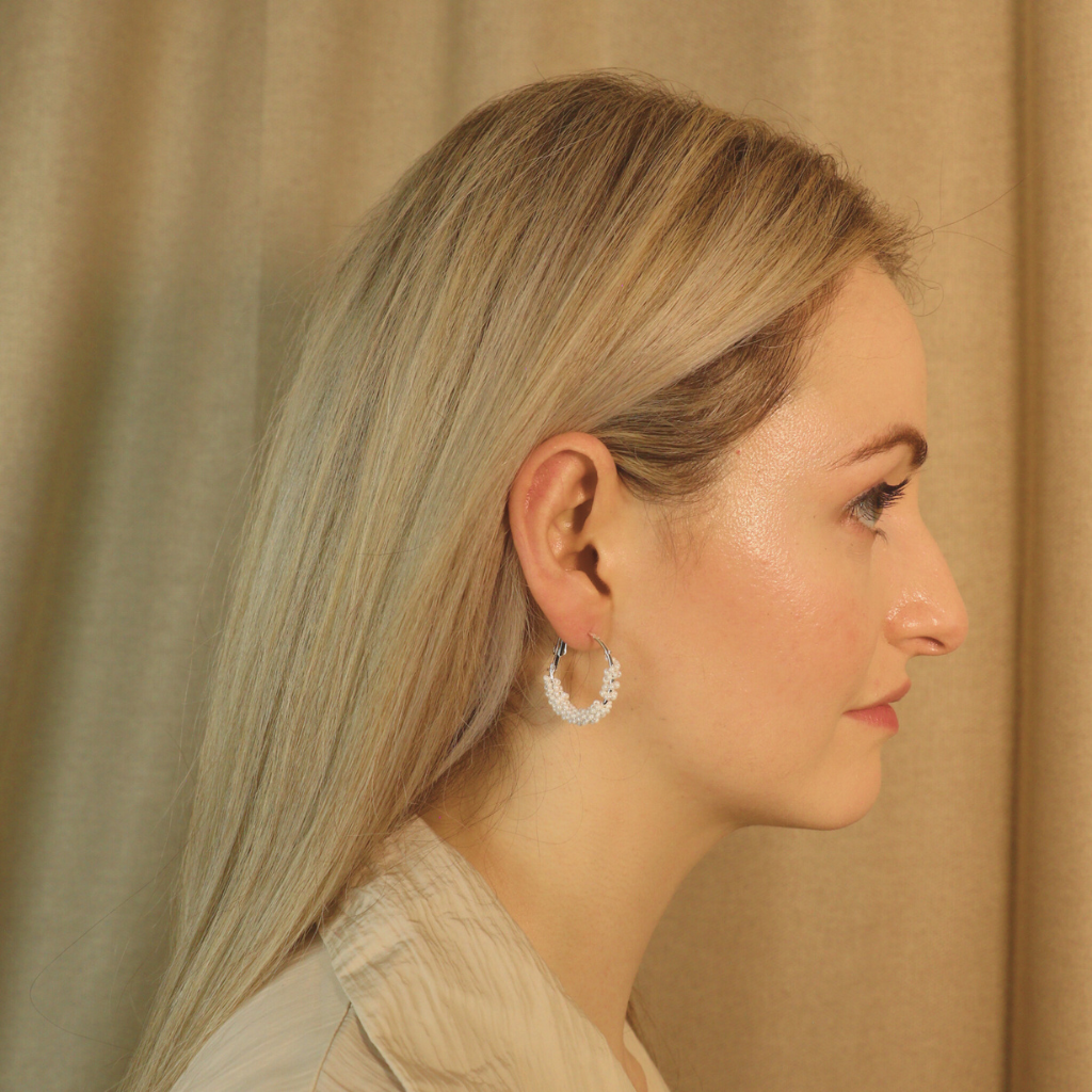 Large Bead Braided Summer Dainty Boho Huggie Asian Hoop Earrings (Close-up Detail) | The Colourful Aura