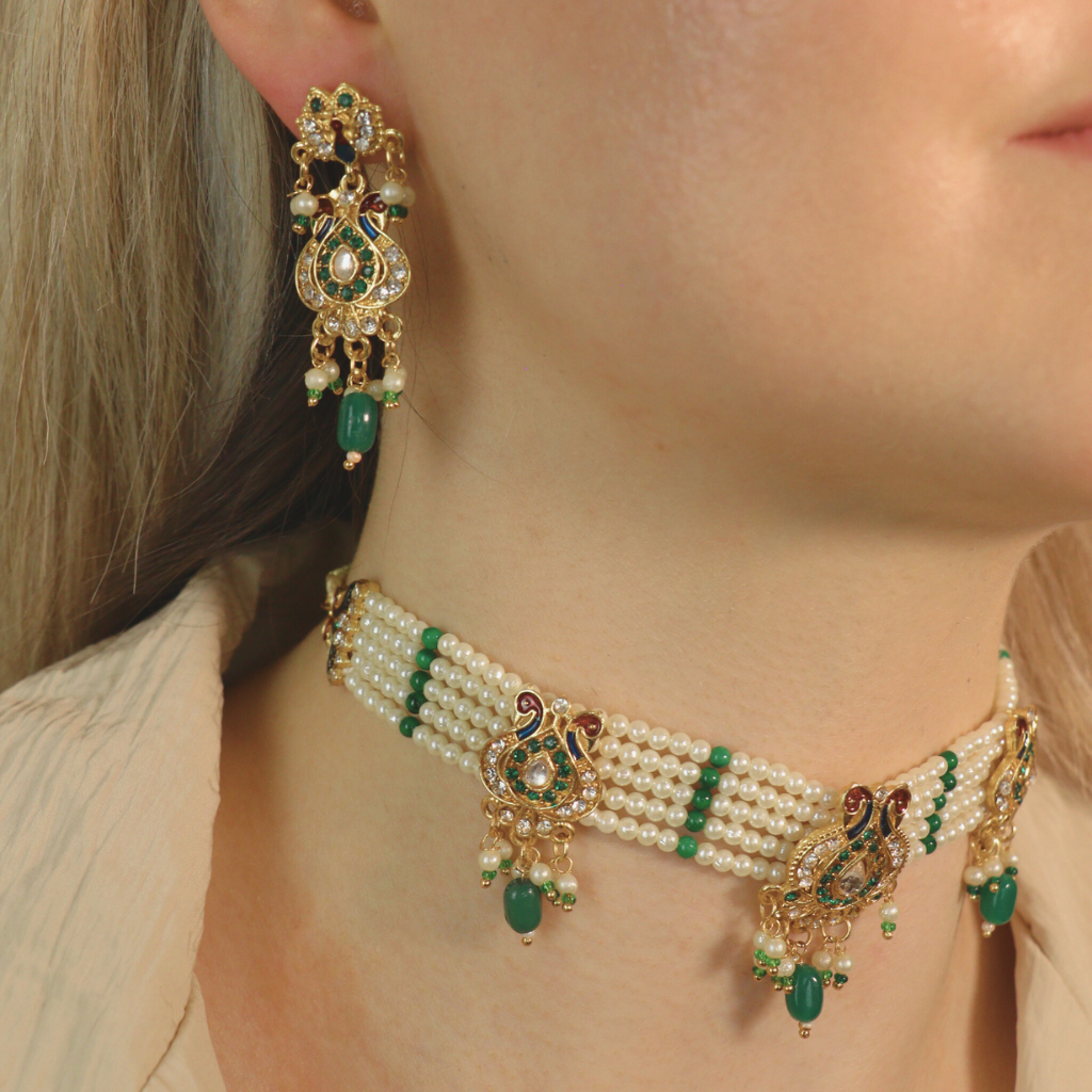 Traditional Ethnic Multi Strand White Pearl Dangle Diana Choker