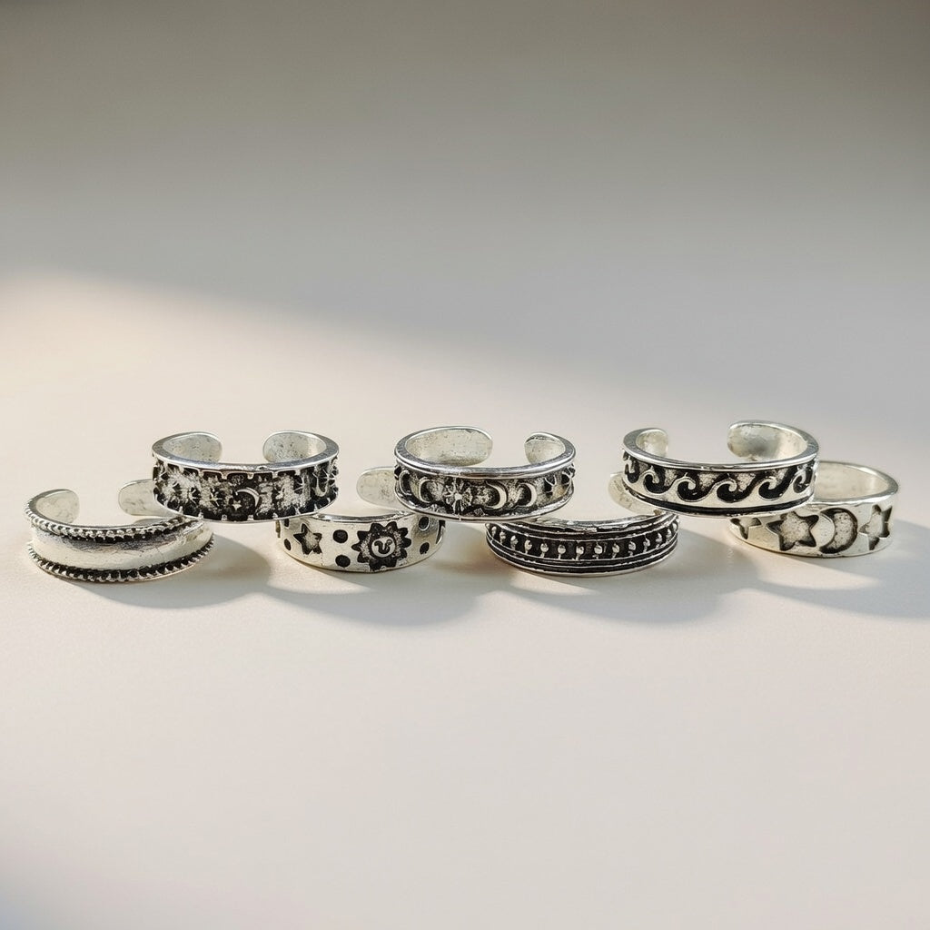 7 and 4 Pcs Bohemian Silver Plated Silver Midi Band Toe Ring Set – The Colourful Aura