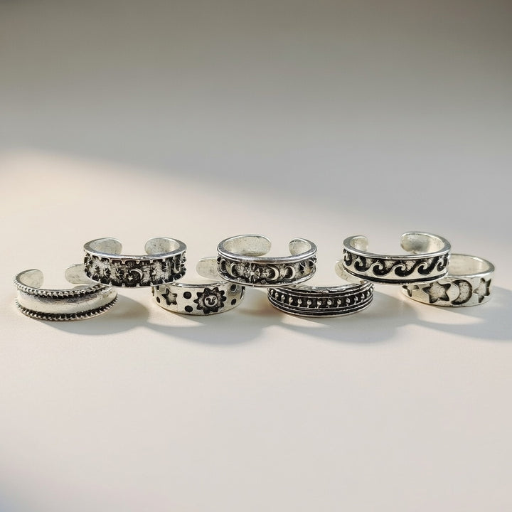 7 and 4 Pcs Bohemian Silver Plated Silver Midi Band Toe Ring Set